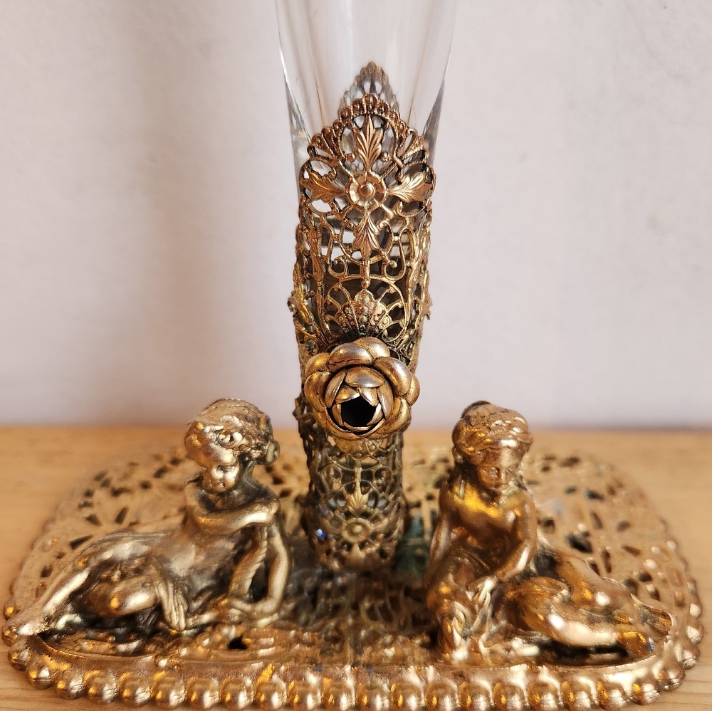 Antique Cherubs Vase Victorian Vase Gold Angel Filigree Bud Glass Fluted Gilt